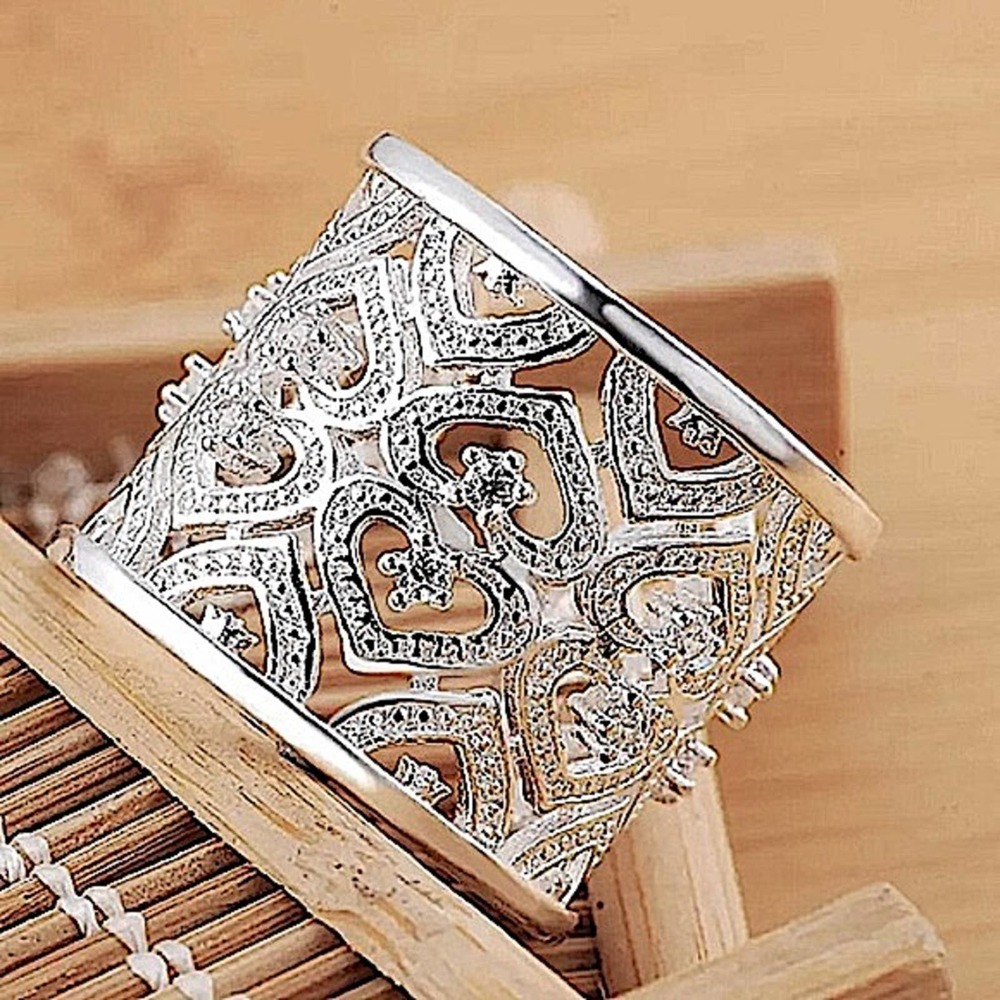 NEW STERLING SILVER WIDE BAND ZIRCONIA HEART CUFF RING - Picture 11 of 12